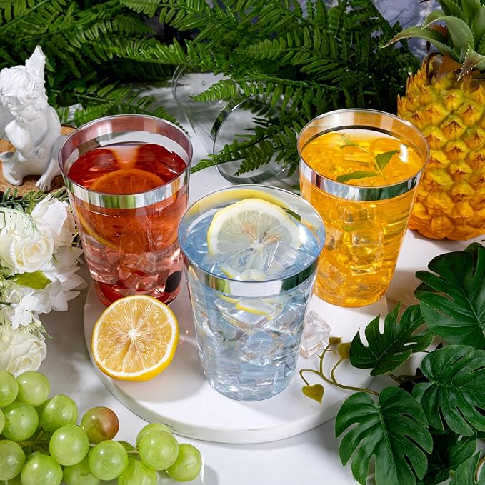 I00000 200 Pack 12 oz Silver Plastic Cups, Silver Rimmed Disposable Cups, Plastic Party Wine Glasses Cocktail Glasses Heavy Duty Cups with Silver Rim, 12 Ounce Tumblers For Party - Bloomnest