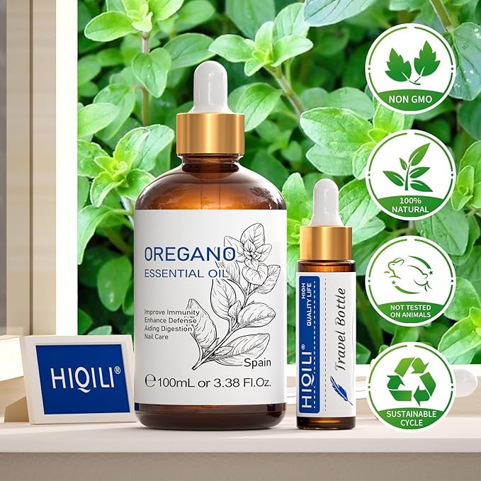 HIQILI 100 ML Oregano Essential Oil, 100% Pure Natural Oregano Oil for Diffuser, Skin, Cleaning - 3.38 Fl Oz - Bloomnest