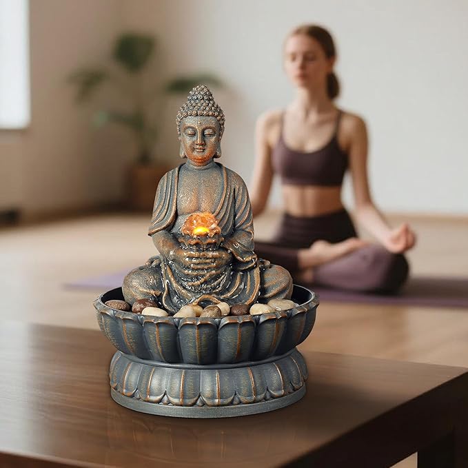 Kalona Home Décor 9.6" Tabletop Fountain Exquisite Smile Sitting Buddha Fountains Desk Water Fountain Decorative Zen Fountain w/Reflective Lighting/Cobblestone Office and Home Decor(21125A) - Bloomnest