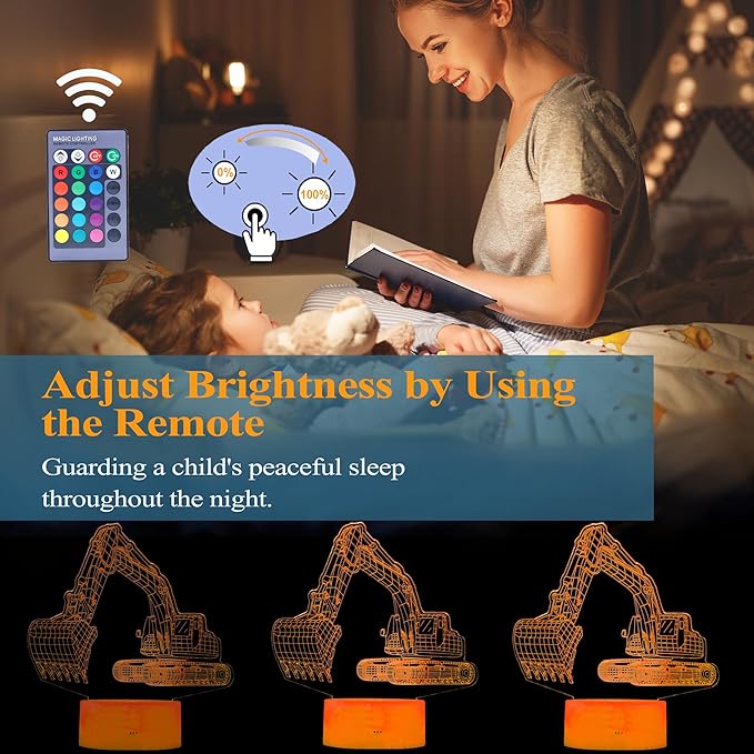 Excavator 3D Illusion Lamp for Kids, Excavator Night Light, Construction Vehicle Gifts with RGB 16 Colors Changing, Remote Control, Dimmable, Kids Room Decoration, Xmas Gifts - Bloomnest