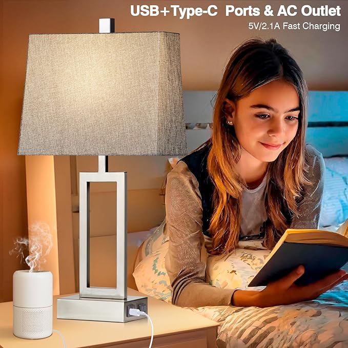 23.5" Touch Control Table Lamps, Metal Bedside Lamp for Bedroom Set of 2 with USB A+C Ports & AC Outlet, 3-Way Dimmable Nightstand Lamp for Living Room (LED Bulb Included) - Bloomnest