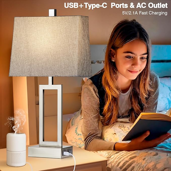 Touch Control Table Lamps Set of 2, Modern Silver Bedside Lamps with USB A+C Ports & AC Outlet, 3 Way Dimmable Contemporary Nightstand Lamps for Bedroom Living Room(LED Bulb Included) - Bloomnest