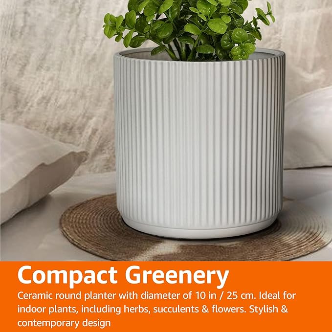 Amazon Basics Fluted Ceramic Round Planter, 10 in, White - Bloomnest