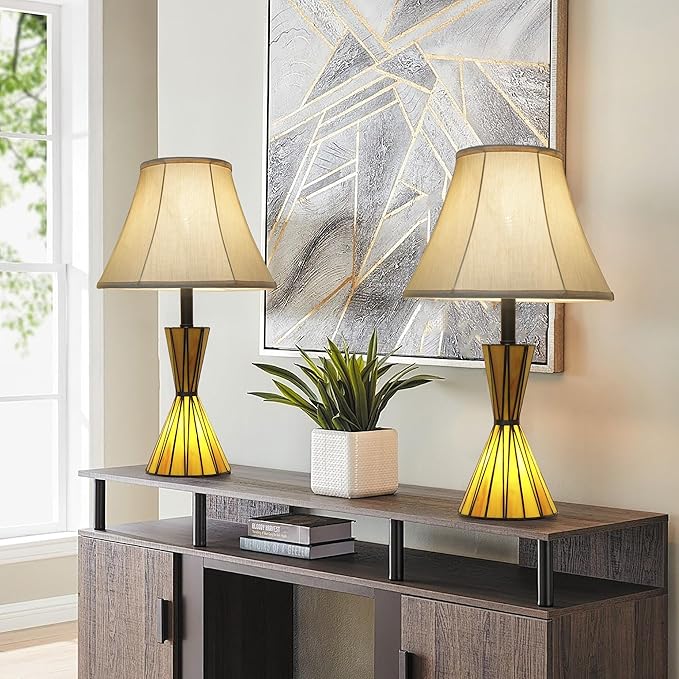 Modern Table Lamps Set of 2 with Hand Crafted Stained Glass Night Lights 3-Way Dimmable Bedside Lamps with Yellow Fabric Shades for Home Decor - Bloomnest