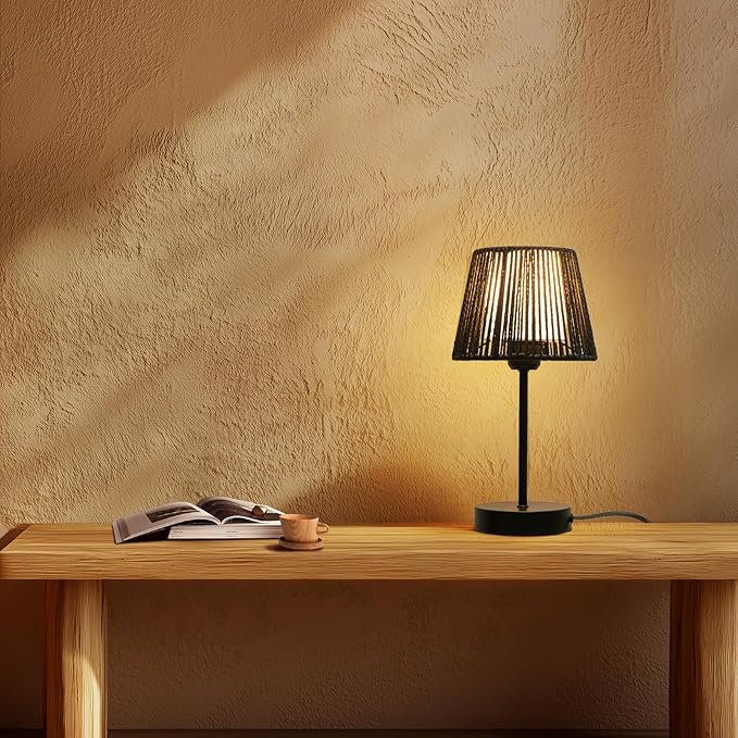 Touch Boho Lamp Dimmable, 3-Way Bedside Table Lamp 14.2", Rope Light for Bedroom Nightstand Farmhouse, Bulb Included, 2 Packs (Black) - Bloomnest