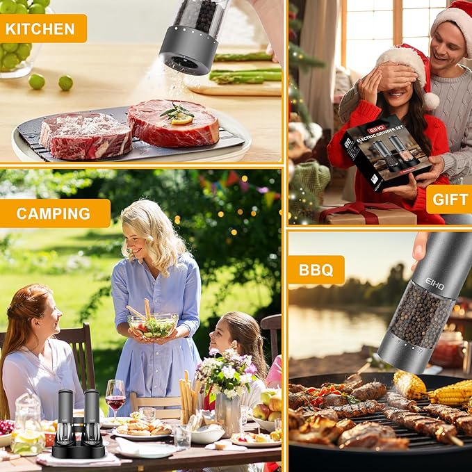 Electric Salt and Pepper Grinder Set Rechargeable, External Adjustable Coarseness, Automatic Salt & Pepper Shakers Mills, Kitchen Gadgets,Stocking Stuffers Christmas Cooking Gifts for Adults Men Women - Bloomnest