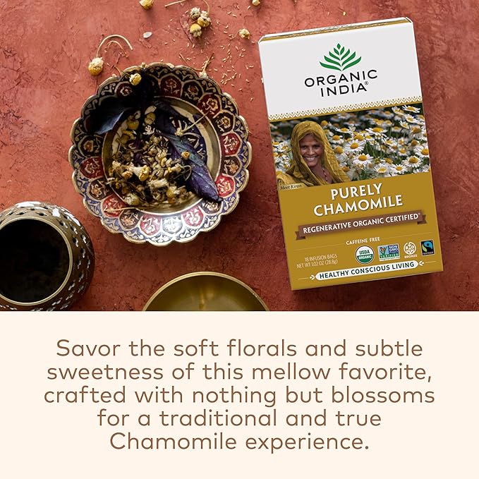 Organic India Purely Chamomile Tea - Regenerative Organic Chamomile Flowers, Caffeine Free, Calming & Relaxing Herbal Tea, Natural Support for Sleep & Relaxation - 18 Bags, Pack of 3 - Bloomnest