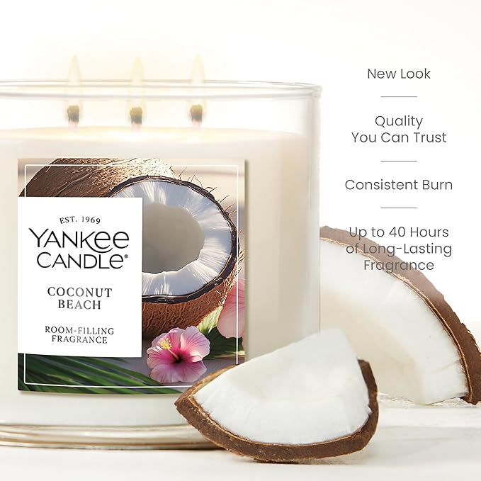 Yankee Candle Coconut Beach, Scented Candle, 14.5oz 3-Wick Candle Jar with up to 40 Hours Burn Time, Giftable - Bloomnest