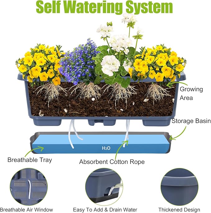 Window Box Planter 6 Pcs, 18 Inches Rectangle Flower Pots with Drainage Holes and Trays, Vegetable Planters for Windowsill Patio Garden Balcony Home Porch Yard Indoor Outdoor (Grey, 18*10*6 inch) - Bloomnest