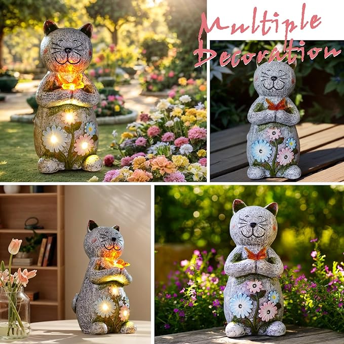 Solar Garden Statue Cat Figurine – Outdoor Decoration with Butterfly for Garden Yard Lawn Home Decor Outside : Unique Gifts for Mom Grandma - Bloomnest