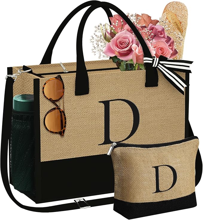 YOOLIFE Valentines Day Gifts for Her - Initial Jute Tote Bag & Makeup Bag, Birthday Gifts for Women Teacher Mom Wife Friend - Bloomnest