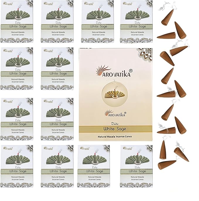 ARO VATIKA Vedic White Sage Natural Masala 120 Incense Cones in Pack of 12 Boxes |12 Assorted Fragrances Dhoop Cones | Best for Prayer, Reiki, Meditation and Relaxation | Burn time- 25 Mins AROVATIKA