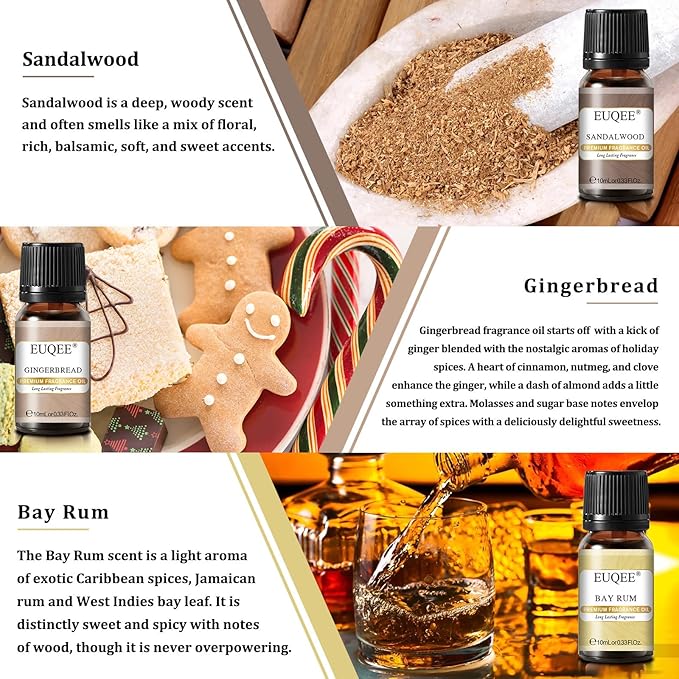 EUQEE 6PCS Spice Autumn Fragrance Oil Set, Scented Oils for Candle Making, Diffusers Aromatherapy Halloween Fragrance Oils for Diffuser & DIY Candles-Sandalwood, Harvest Spice, Bay Rum, Snickerdoodle EUQEE
