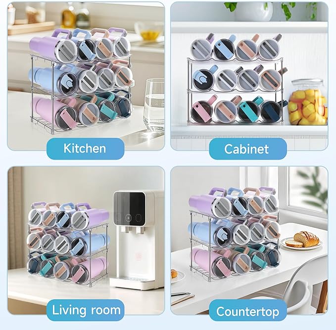 Larger Water Bottle Organizer for Stanley 40 oz Tumbler, Stackable Water Bottle Holder Rack for Cabinet, Kitchen Storage Organizer for for Stanley Cup Accessories, Tumbler Storage Holder, 3 Pack Amoot