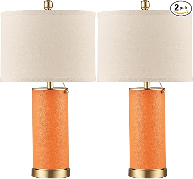 KDG 23.4" Orange PU Leather Table Lamps for Living Room Set of 2, 3 Level Brightness LED Modern Home Decor Fabric Lampshade Desk Lamp Lighitng for Bedroom, Bedside, Farmhouse, Nightstand, Night Light - Bloomnest