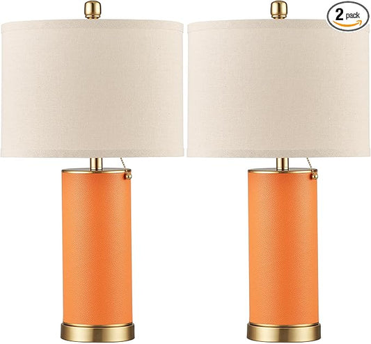 KDG 23.4" Orange PU Leather Table Lamps for Living Room Set of 2, 3 Level Brightness LED Modern Home Decor Fabric Lampshade Desk Lamp Lighitng for Bedroom, Bedside, Farmhouse, Nightstand, Night Light - Bloomnest