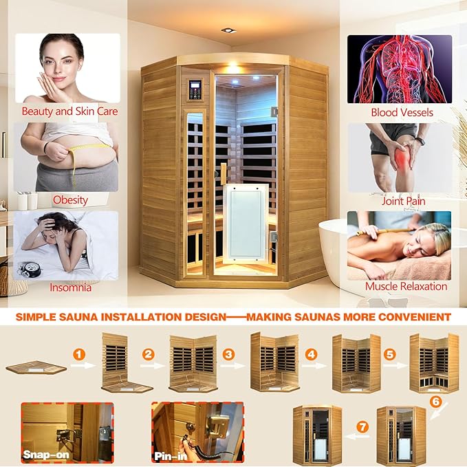 2-3 Person Corner Far Infrared Sauna for Home, 1760W Ultra-Low EMF（0-1mG） Indoor Red Cedar Wood Sauna Room with 8 Heating Panels, Dual Control Panel, Bluetooth Speaker & Chromotherapy Lights KUNSANA