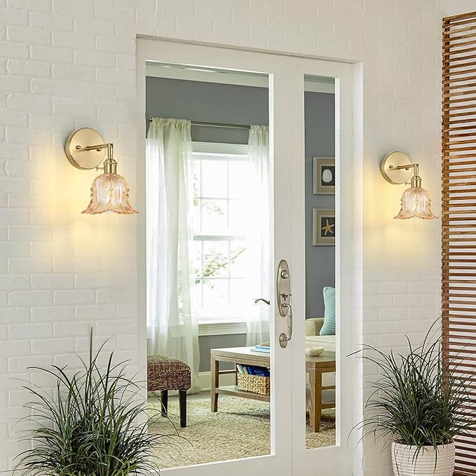 Vintage Wall Sconces Set of 2, Lily Amber Lampshade & 180 Degree Adjustable, Brass Wall Lights, for Bedroom Living Room Hallway Aisle, Bulbs Not Included, ETL Listed - Bloomnest