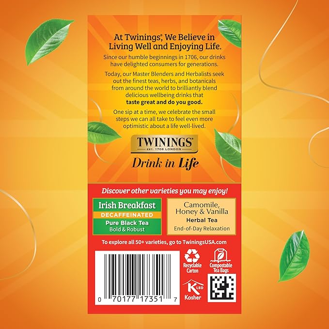 Twinings Decaffeinated English Breakfast Individually Wrapped Bags, 20 Count (Pack of 6), Flavourful & Robust, Enjoy Hot or Iced, 120 Teabags - Bloomnest