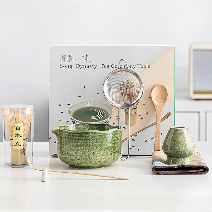 Matcha Set 7-Piece Tea Set with Brush, Bowl, Whisk, Strainer, Chasen, for Matcha Tea Ceremony (Matcha Green) - Bloomnest