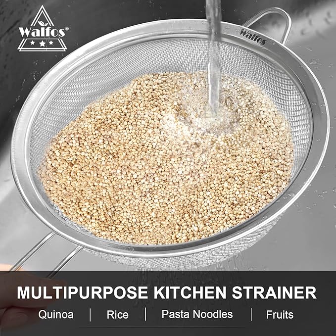 Walfos Fine Mesh Strainers Set, Premium Stainless Steel Colanders and Sifters, with Reinforced Frame Sturdy Handle, Perfect for Sift, Strain, Drain Rinse Vegetables, Pastas Tea - 3 Sizes - Bloomnest