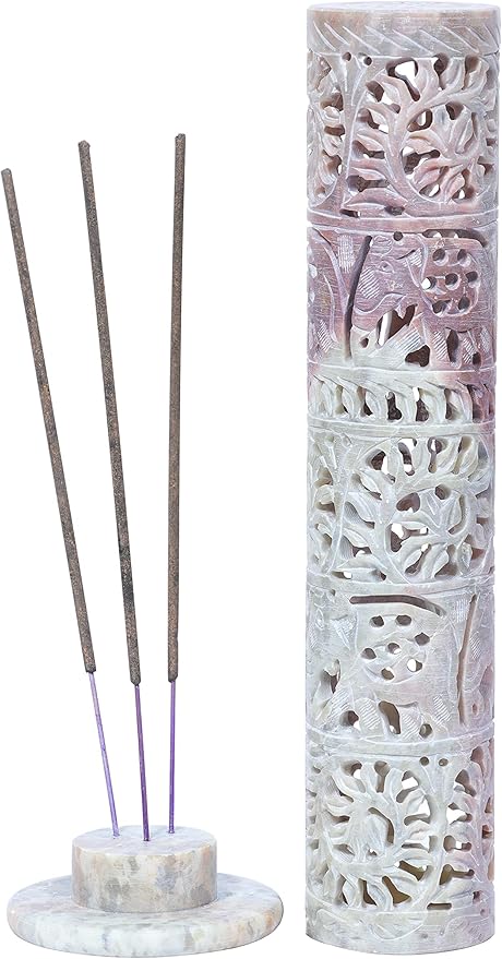 Crocon Soapstone Handmade Tower Candle Burner Elephant Leaf Crafting Incense Tower Burner | Tea Light Holder | Living Room Decor Kitchen Home Fragrance Decorative Great Gift Set - 2.9X2.9X10 Inch