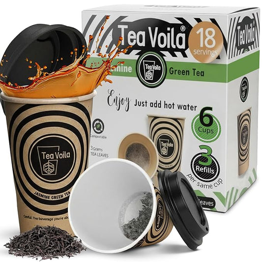 TeaVoila Instant Brew Tea in A Cup - Organic Loose Leaf Jasmine Green Tea – Tea Infuser Built In Biocompostable 6 Cups, Each Refillable 3x, 18 Servings in Total – No Tea Bags Needed, For Office & Travel