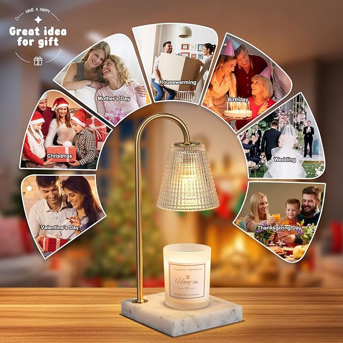 Hong-in Modern Gold and Marble Candle Warmer Lamp with Textured Glass Shade, Elegant Candle Lamp for Bedroom Living Room Kitchen, Luxury Home Decor Accent Lamp,Birthday Gift for Women