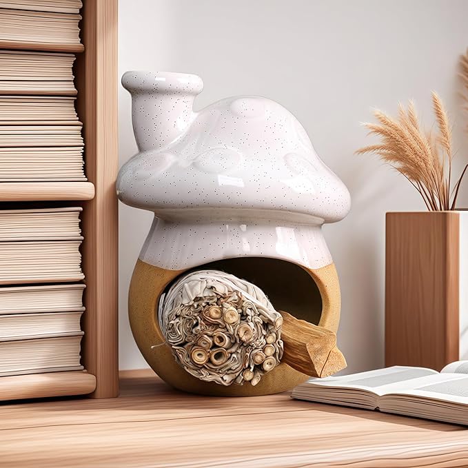 Mushroom Incense Holder, Ceramic Palo Santo Holder Burner & Sage Holder - Mini Tabletop Chiminea Burner Tray with Ash Catcher, Cute Mushroom Decorations for Spiritual Meditation & Yoga