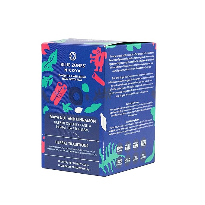 Blue Zones Nicoya - Maya Nut & Cinnamon Flavored Tea Bags - 100% Natural, Organic, and Refreshing - High Micronutrients - Gluten, Caffeine, Sugar-Free - Pack of 18 (1.59 oz/ 45 g) - Bloomnest