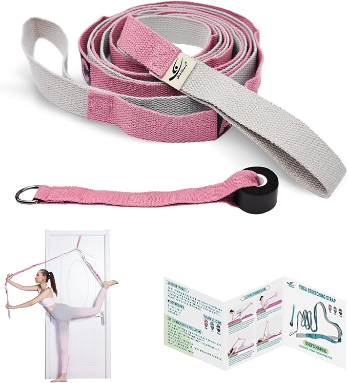 HiRui Stretching Strap Yoga Strap with Door Anchor, 14-Loops Non-Elastic Stretch Straps for Physical Therapy, Pilates, Dance, Gymnastics | Stretch Band with Workout Guide for Women & Men - Bloomnest