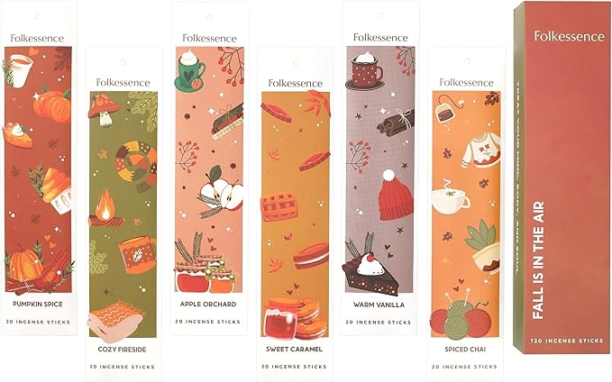 Folkulture Incense Sticks | Set of 6 (120 Fall Incense Sticks) | Non Toxic Fall Scents with 45 Min Burn Time | Pumpkin Spice, Apple Orchard, Caramel, Vanilla | Organic Inscent for Fall Essentials