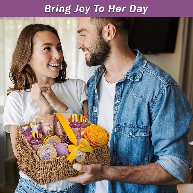 Bath Spa Gift Sets - Luxury Basket With Honey & Lavender - Spa Kit Includes Wash, Bubble Bath, Lotion, Bath Salts, Body Scrub, Body Spray, Shower Puff, Bathbombs, Soap and Towel - Bloomnest