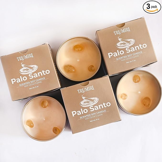 Palo Santo Candle for Home - Highly Scented with Citrine Crystals - Pack of 3 x 5oz Soy Wax Organic Non Toxic for Aromatherapy Relaxation Meditation - Room Decor for Men - Pet Safe Candel TRUMIRI