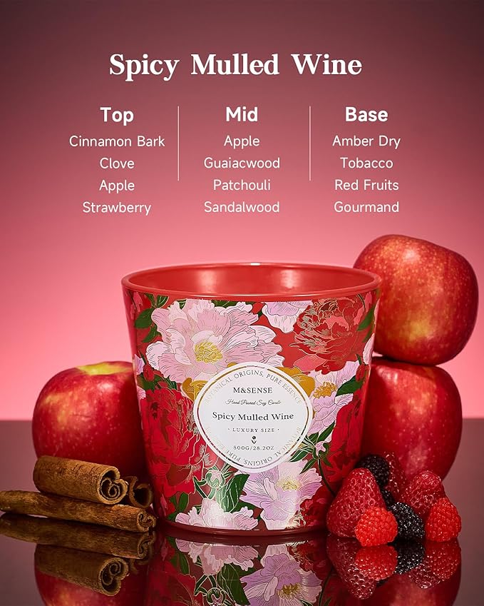 M&SENSE Spicy Mulled Wine Scented Candle, 28.2oz 3 Wick Natural Soy Wax Large Candles, Long Lasting Clean Slow Burning No Toxic Décor for Home Relaxation, Romantic Dates & Gift-Giving - Bloomnest