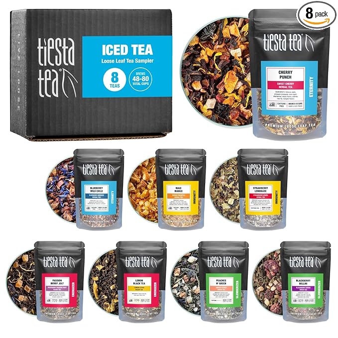 Tiesta Tea - Iced Tea Sampler Dry Flight Set, Loose Leaf, High to No Caffeine, Makes Cold Brew Iced Drink, Assorted Brew Sets with Herbal, Black, Fruit Blends & More, 8 Resealable Sample Pouches - Bloomnest
