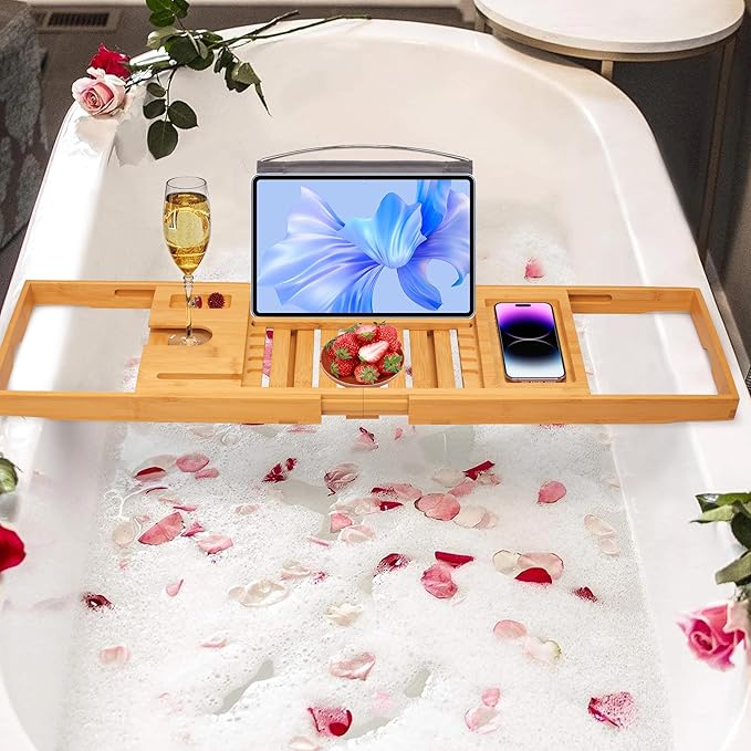 Artmalle Luxury Bathtub Caddy Tray for Tub - Foldable Bamboo Bath Table Tray with Book and Wine Glass Holder, Expandable Bathroom Accessories for Spa or Reading Lite Style - Bloomnest