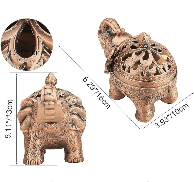 K COOL Alloy Incense Holder Stand Elephant Cone Coil Incense Burner Ash Catcher with Lid, Aromatherapy Ornament Home Decoration for Indoor Outdoor (Red Copper) - Bloomnest