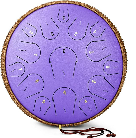 Steel Tongue Drum - 14 Inch 15 Note Tongue Drum - Hand Pan Drum with Music Book, Handpan Mallets and Carry Bag, C Major, Purple - Bloomnest