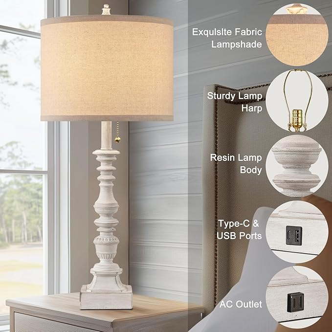 Farmhouse Table Lamps for Bedroom Set of 2, 29.5" Tall Rustic Bedside Lamp with USB Ports and AC Outlet, Vintage Nightstand Table Lamp for Living Room with Linen Drum Shade, White, Pull Chain - Bloomnest