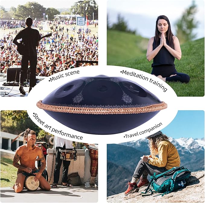 Handpan-Classic 10 Notes Black Print Hand Pan,Premium 432HZ 22 Inches D Minor Steel Handpan Drum Set,Adult's Music Steel Pan Instrument - Bloomnest