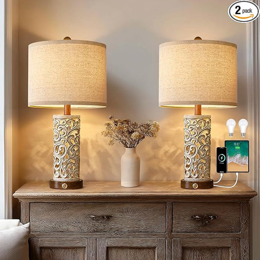 22" Dual Light Table Lamps Set of 2 for Living Room, Touch Lamp with 3-Level Dimming, USB A+C Table Lamp for Bedroom, Farmhouse Lamps for Night Stands(Brown, Bulb Included) - Bloomnest