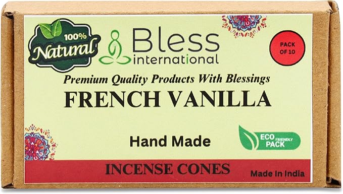 Bless International French-Vanilla 100%-Natural-Incense-Cones Handmade-Hand-Dipped Organic-Chemicals-Free for-Purification-Relaxation-Positivity-Yoga-Meditation The-Best-scents (10 Count) BlessInternational