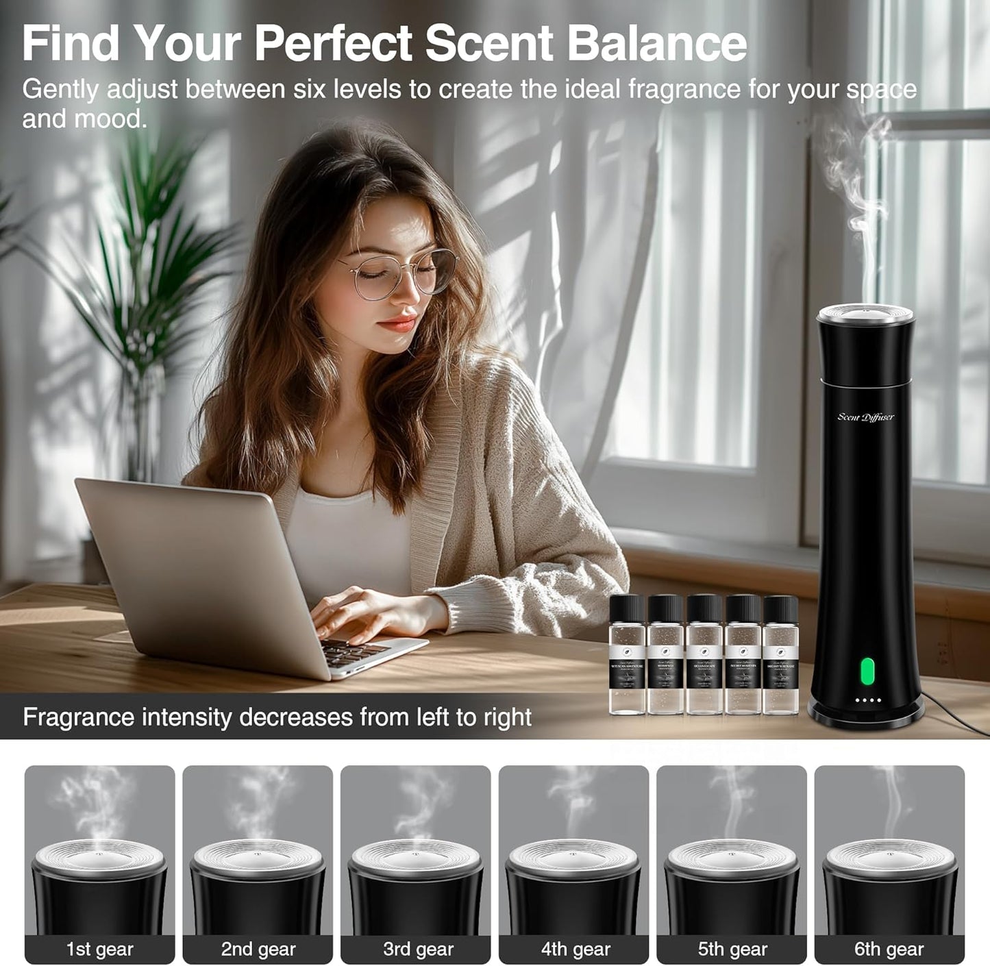 Hotel Scent Diffuser Starter Kit - 1500 Sq Ft Coverage, Premium Plastic Essential Oil Diffuser, Waterless Diffuser for Home, Hotel, Office, 5 Scent Essential Oils Included, Large Room, Black, 11In