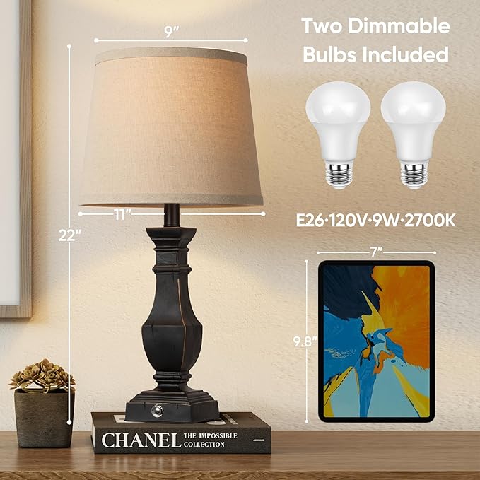 ROTTOGOON Dimmable Table Lamps Set of 2, Rustic Farmhouse Table Lamps for Living Room Bedroom, Bedside Desk Lamps for end Tables, Touch Lamps for nightstand, 9W Bulbs Included, 22", Black - Bloomnest