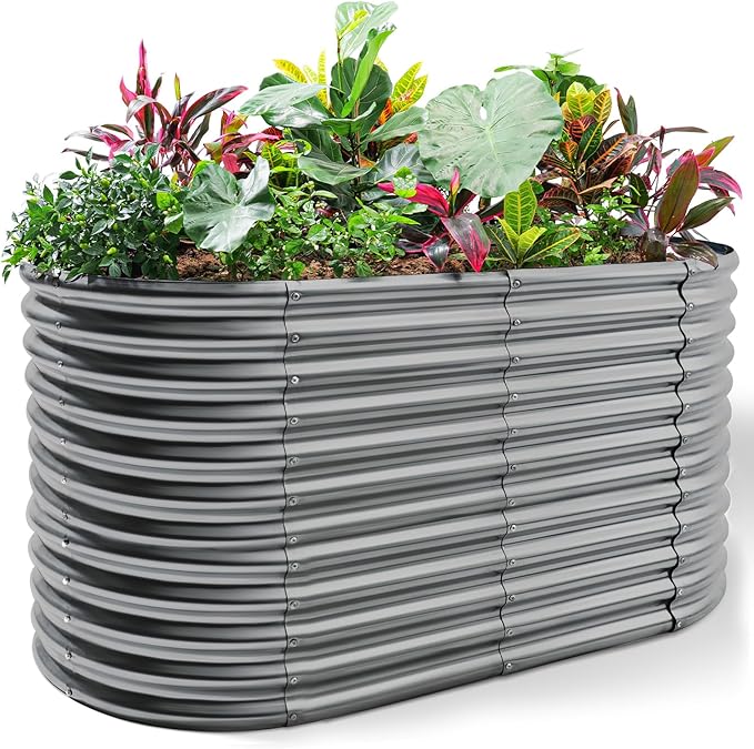 Land Guard 8x4x3ft Oval Galvanized Raised Garden Beds, Large-Capacity Metal Planter Box Outdoor, Durable Deep Raised Garden Bed 3ft Tall, Raised Beds for Gardening Vegetables, Modern Gray - Bloomnest