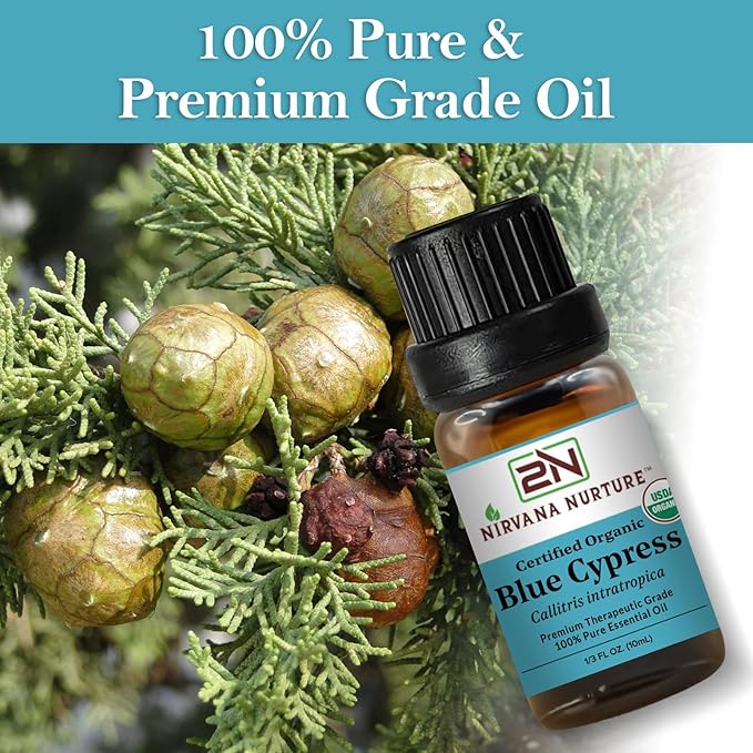 Blue Cypress Essential Oil, USDA Certified Organic, 100% Pure Undiluted, Aromatherapy Oil for Diffuser, Hair & Skin Care NirvanaNurture
