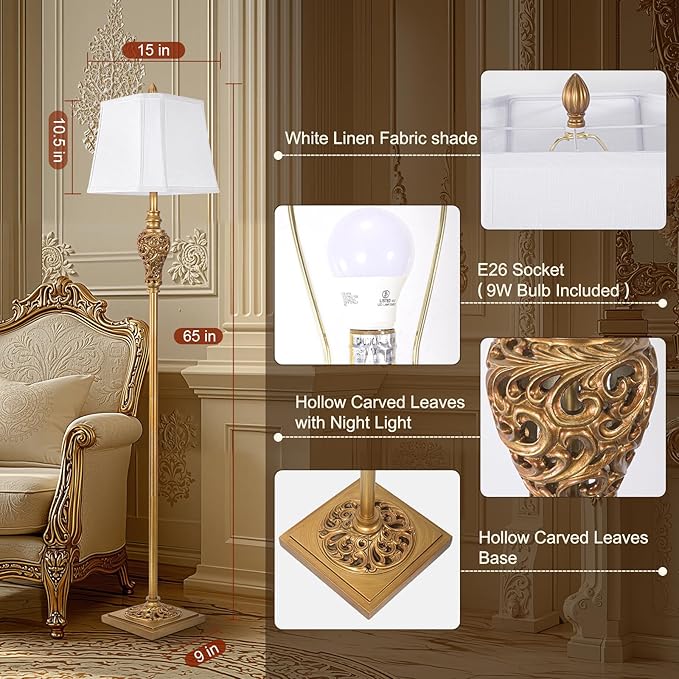Vintage Farmhouse Floor Lamp with Nightlight, 65" Tall Standing Lamp with White Linen Fabric Shade, Antique Gold Finish, Elegant Reading Corner Light for Living Room, Bedroom, Office (Bulb Included) - Bloomnest