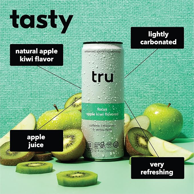 Tru Focus Seltzer, Sparkling Water with Green Tea Extract, Yerba Mate, L Theanine & Real Apple Kiwi Juice, Sweetened with Monk Fruit & Stevia, Gluten Free, Vegan, Sugar Free, 12 FL OZ Cans, 12 Pack - Bloomnest
