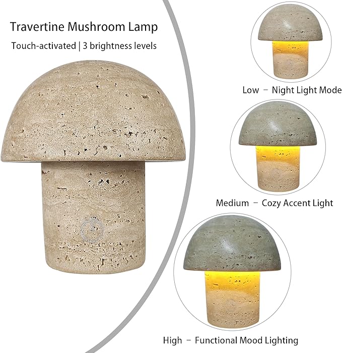 Natural Stone Mushroom Lamp - Handcrafted Travertine Night Light, Rechargeable with Type-C, Dimmable LED Accent Light for Bedroom & Living Room - Bloomnest